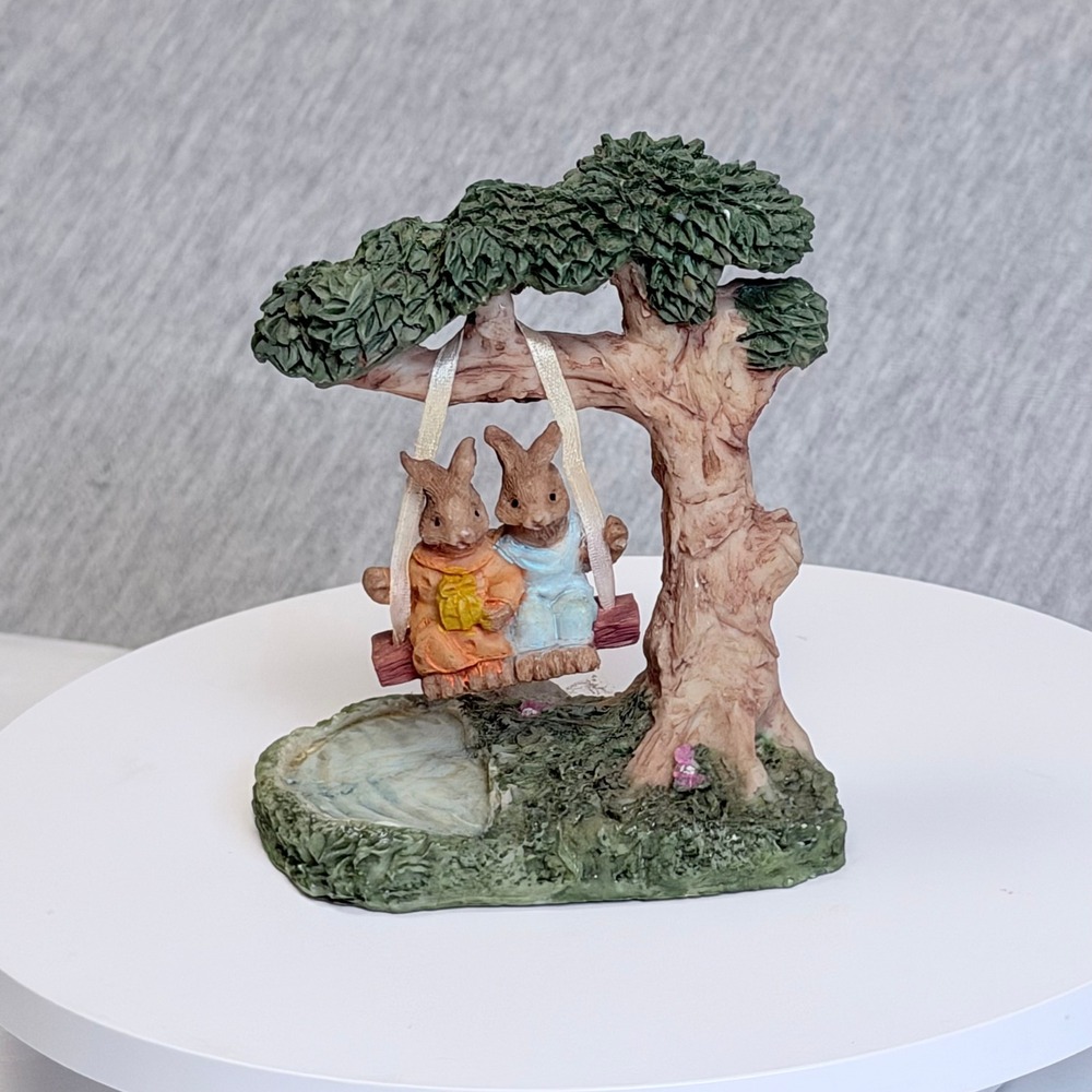 Vintage Bunny Rabbits on Tree Swing Resin Figurine Spring Decor M141